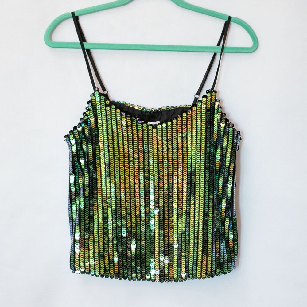 NWT GLAMOROUS Luxe Sequin Top Party Disco Camisole Green V Neck Size S